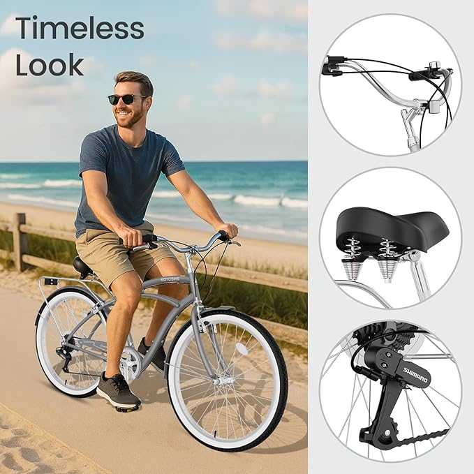 MOPHOTO 24" 26" Adult Bike 7-Speed Beach Cruiser Bike for Adults, Rear Rack, Fenders, Step-Through or Classic Frame