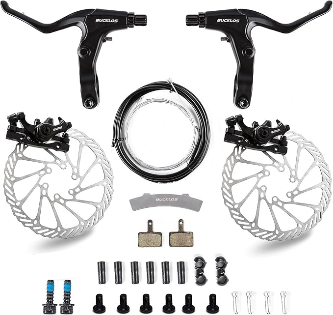 BUCKLOS Mountain Bike Disc Brake kit, MTB Mechanical Line Pulling Disc Brakes Caliper with Aluminum Alloy Levers /160mm Rotor,/is/PM Universal Adapter for Ebike/Folding Bike/Scooter/Fat Bike