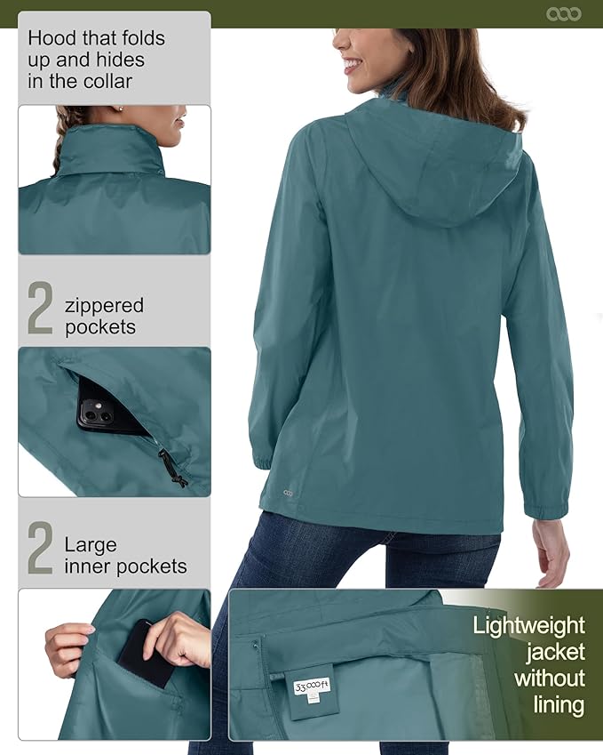 33,000ft Women's Rain Jacket Waterproof Lightweight Packable Raincoat with Hood for Golf Hiking Travel Windbreaker