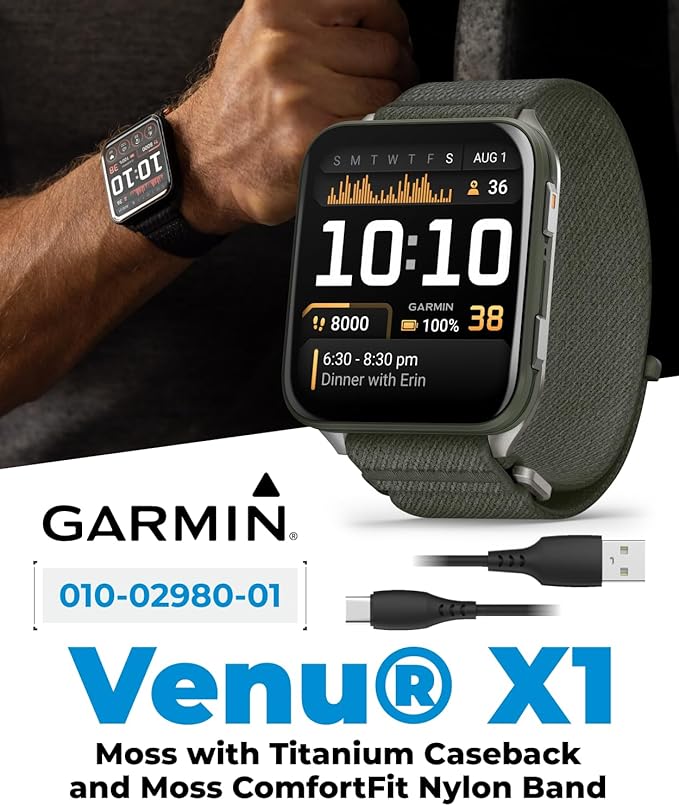 Wearable4U Garmin Venu X1 Thin and Lightweight GPS Smartwatch, AMOLED Display, Moss with Titanium Caseback and Moss ComfortFit Nylon Band White Earbuds Bundle