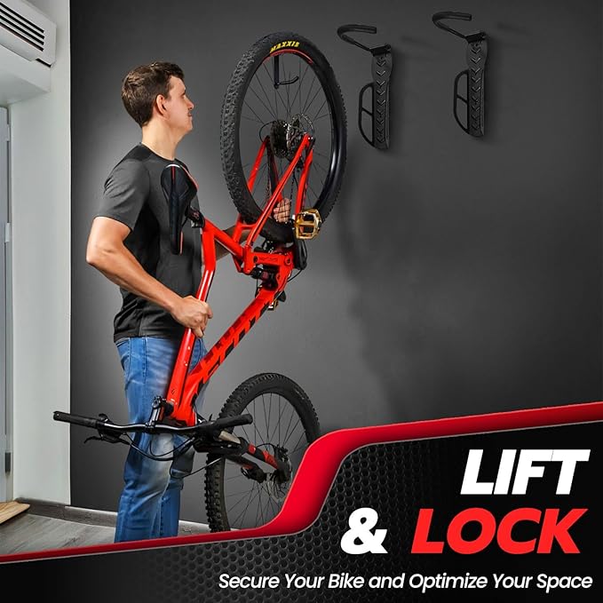 Flexzion Garage Bike Rack Wall Mount (2 Pack) - Vertical Bicycle Rack Hanger Wall Mounted Storage Holder with Screws - Easily Hang/Detach Bike Hooks for Indoor, Apartment, Shed, up to 44lbs(20Kg)