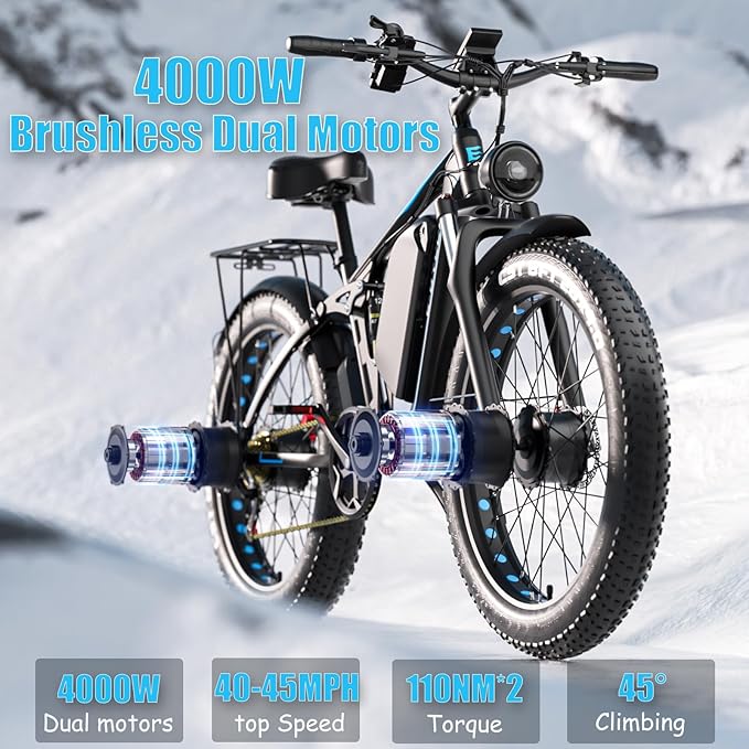 Electric Bike, Max 40-45MPH & 100 Miles, 5000W Peak Dual Motor Adult E-Bike, 52V 32Ah Battery Ebike, 24'' 26" Hydraulic Disc Brakes, Fat Tire All-Terrain Hunting Electric Bike, Full Suspension