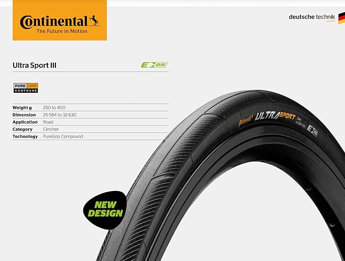 Continental Ultra Sport III - Road Bike Tire | Versatile Road Tire with Modern Tread Design - E25 Ebike Rated - PureGrip