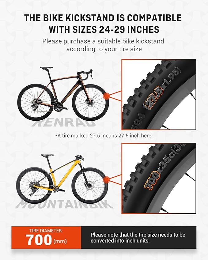 HENMI Bike Kickstand for 24-29 Inch Bicycle, 0.7 inch (18mm) 2 Holes, Non-Slip Base Adult Bicycle Kickstand for Mountain Bike,