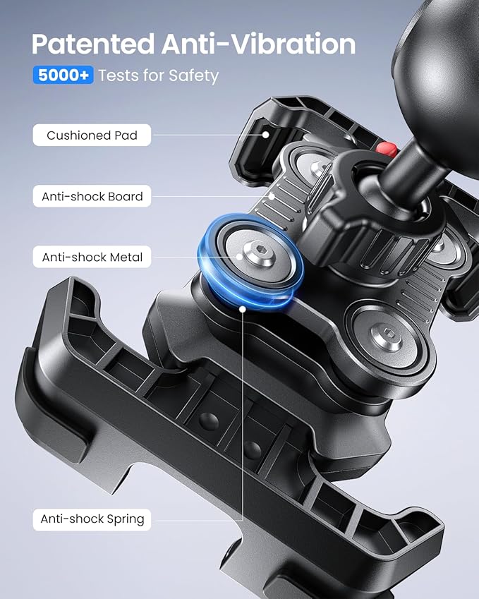 Motorcycle Phone Mount - [Dual Vibration Dampener] Anti-Shake Bike Phone Holder, [Upgrade Handlebar Clip] Bicycle Motorbike Phone Mount for iPhone 17/16/15/14/13 Pro Max, 4.7–7" Phones, Black Red