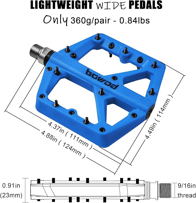 MTB Pedals Large Mountain Bike Pedals, Lightweight Nylon Fiber Composite Bicycle Platform Pedals, Grippy Pedals w 18 Pins, Cr-Mo Spindle fit w 2 Bearings, Clipless Pedals for BMX MTB Bike 9/16"