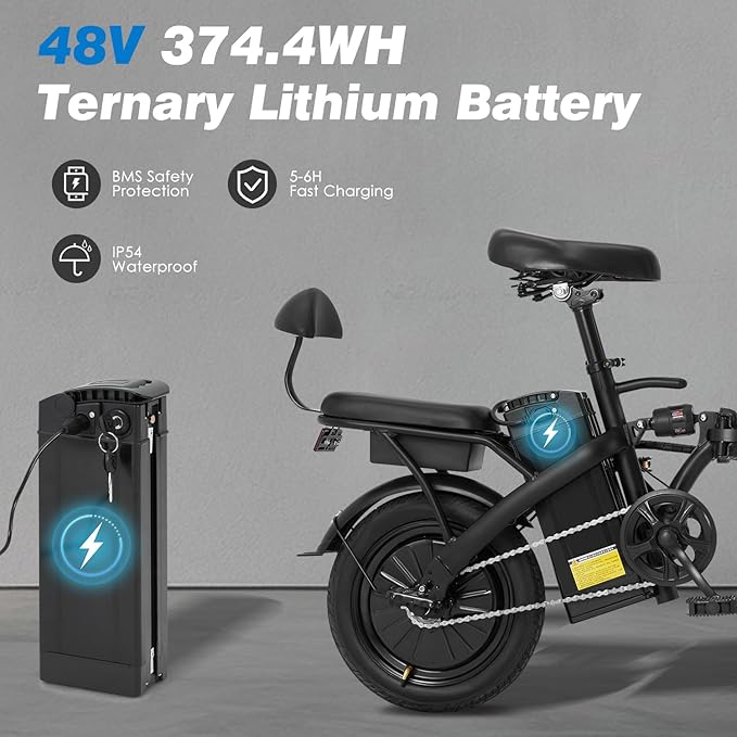 Folding Electric Bike for Adult,14" Foldable Ebike with Passenger Seat Peak 500W Motor 18.6MPH 30+ Miles(MAX) E-Bike with 48V Removable Battery/Shock Absorber/LCD Display/USB Phone Holder/Front basket