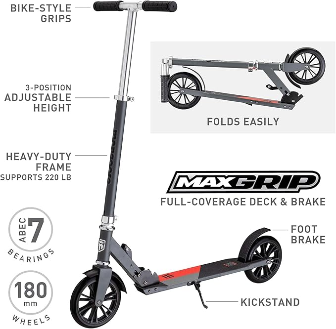Mongoose Trace Kick Scooter for Youth Adult Boys and Girls, Quick-Release, Lightweight & Easy Folding Scooter, Bike Style Grips, Supports 176 lb Up to 220 lbs