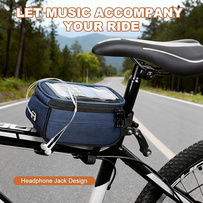 Qisan 1.5 L Capacity Front Bike Bag Frame motorcycle accessories for Riding | 7" Motorcycle Phone Mount E-Bike Accessories for Men | Bicycle Top Tube Bag Cycling Pouch with Rain Cover - Blue