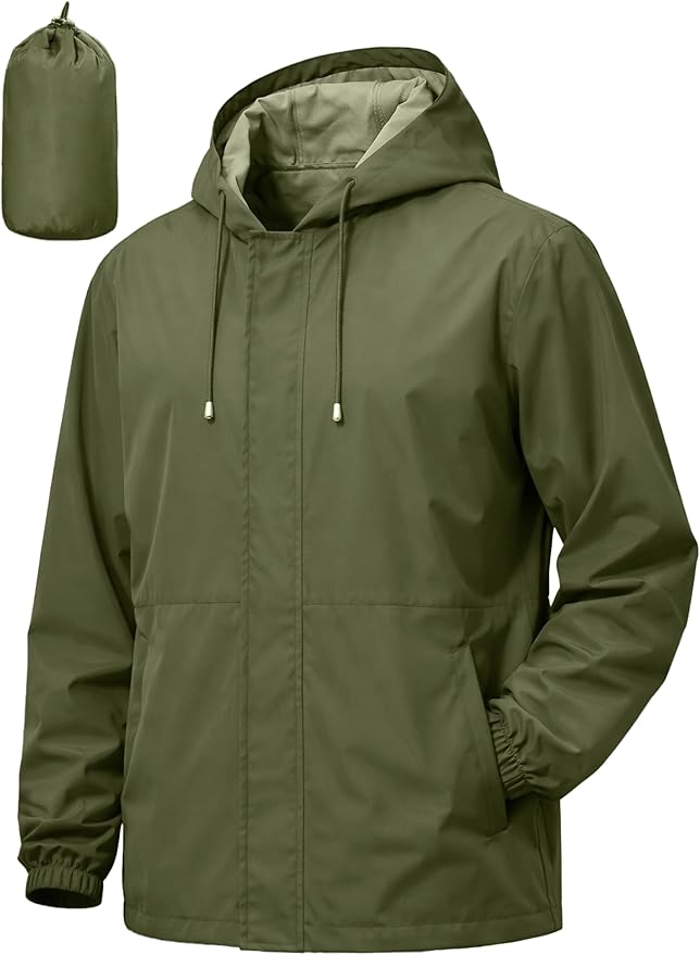 Men's Rain Jacket Waterproof Windbreaker Raincoat Cycling Running Hiking Golf Travel Gear Hood Lightweight Packable