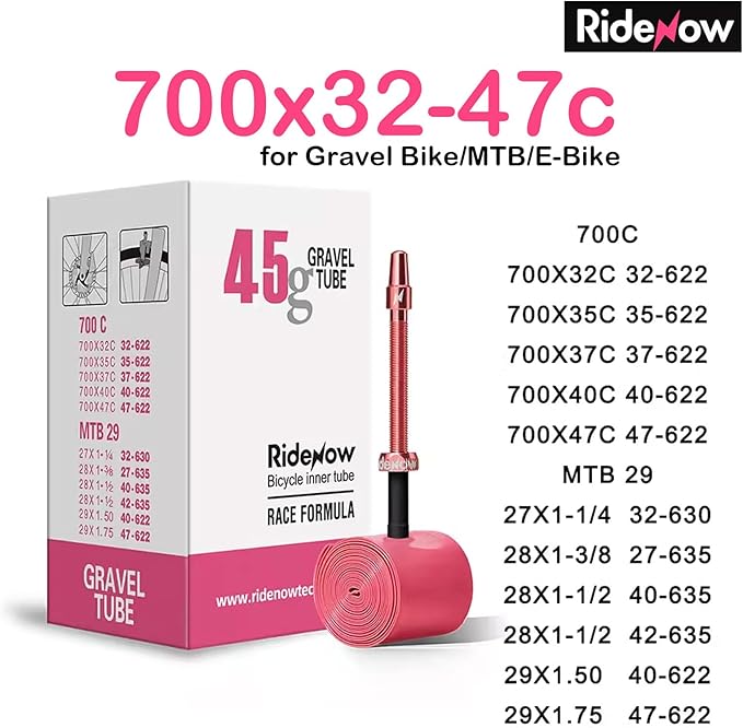 2 Pack RideNow TPU Inner Tubes 700C x 18-32C / 32-47C with 45mm/65mm/85mm Metal Presta Valve, Removable Valve Cores for All Road or Gravel Bike (Include Bike Tube Patch Repair Kit)