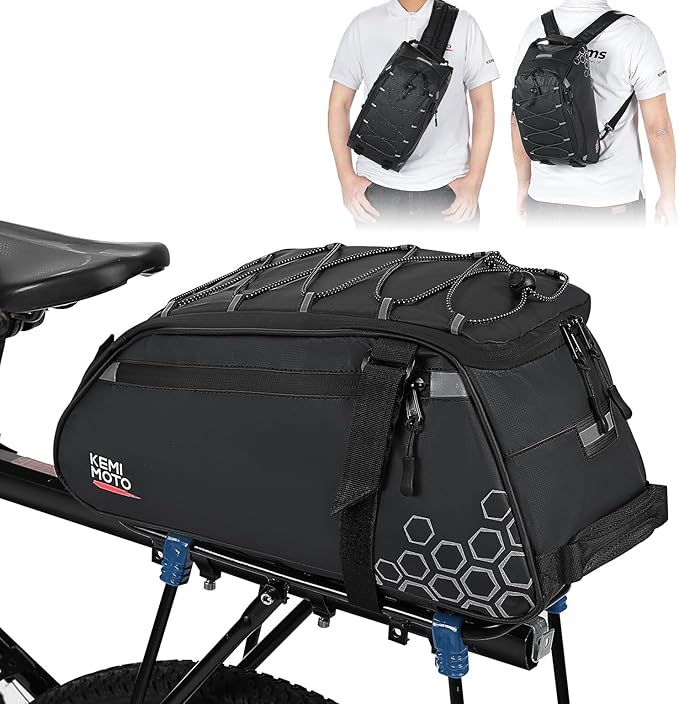 KEMIMOTO Rear Bike Rack Bag, 11L Water-resistant Trunk Bag 3-IN-1, Zippered Bicycle Backpack Shoulder Pannier Saddle Bag for Ebikes Cycling Commuting Travel Outdoor Camping