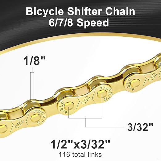 Bike Chain, 6 7 8 Speed Bike Chain 1/2" x 3/32" 116 Links Bicycle Chain for Road Mountain Folding Racing Cycling Bikes (Gold)