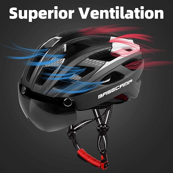 Bike Helmet, Basecamp Bicycle Helmet with Rear Light & Detachable Magnetic Goggles Lightweight Cycling Helmet Adjustable for Adult Men Women Mountain & Road (BC-069)