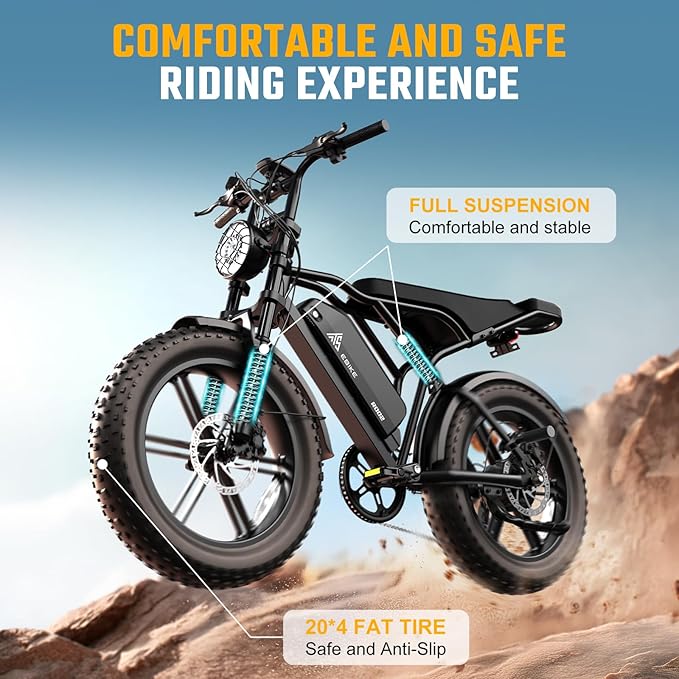 TST Electric Bike for Adults, 1500W Peak Motor 28 MPH 60/100 Miles Fat Tire Ebike with 48V 15Ah/25Ah Removable Battery 20" Electric Dirt Bike Full Suspension and 7-Speed