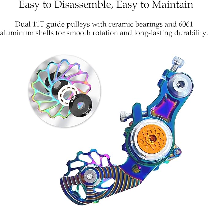 Single Speed Chain Tensioner Kit, CNC 6061 Aluminum Adjustable Tensioner with 11T Guide Pulley (Ceramic Bearing), Rear Derailleur Hanger Mount for Hardtail MTB, BMX, DJ & Folding Bikes