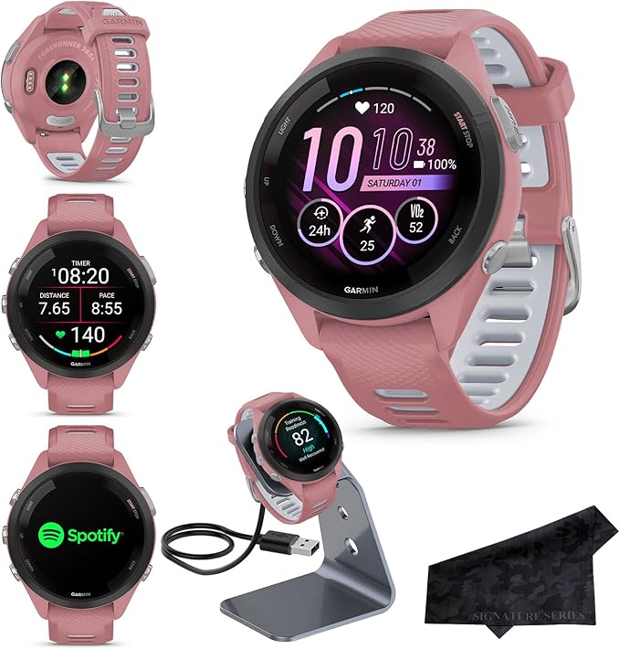 Garmin Forerunner 265S Advanced Multisport Touchscreen Smartwatch, Pink | Heart Rate Monitor, Training Stats, Daily Suggested Workouts, Up to 15 Day Battery Life with Signature Series Charging Bundle