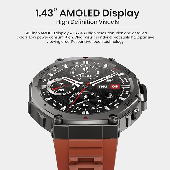 SNEL® Watch ATLAS [GPS 53mm] Smartwatch — Jet Black Aluminum Case + Red Sport Band (24mm). Heart Rate & SpO2, Sleep Tracking, Fitness Tracker, Always-On AMOLED, 3ATM Water Resistant, for iOS & Android