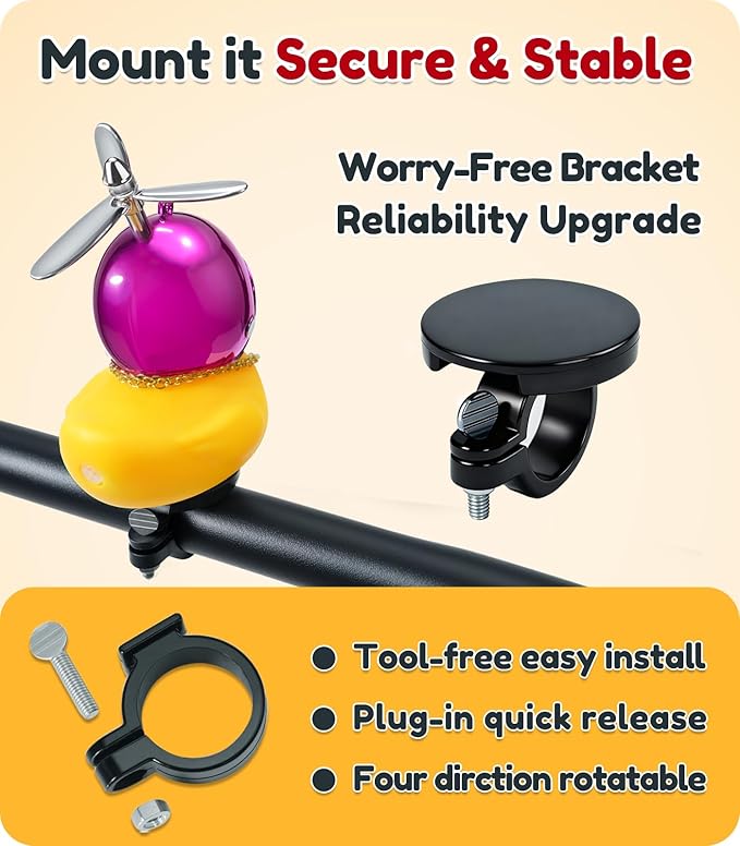 Rubber Duck Bike Decorations [New Stable Clamp Mount] Cute Squeak Duck Bike Bell [Two Helmet Propeller] Funny Bike Accessories E Scooter Motorcycle Cycling Gifts