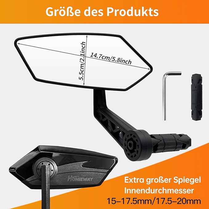 2PCS Bike Mirror, HD Glass Bicycle Mirrors for Handlebar Mount, Adjustable Bar End Bike Rear View Mirror, Scratch Resistant Handlebar Mirrors for E-bike & Scooter (Left&Right 0.59-0.78")