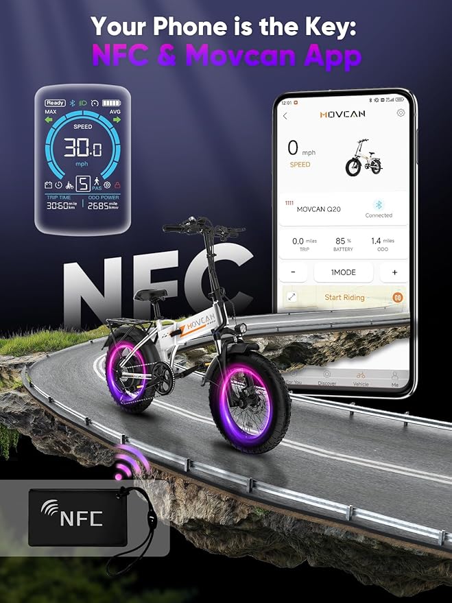 Movcan Q20 Folding Electric Bike, 52V 15.6Ah Removable Concealed Battery 20” Fat Tire Dirt Bike,1500W Motor 30 MPH Top Speed E Bikes, 7 Speed Dual Hydraulic Brake Electric Bikes for Adults