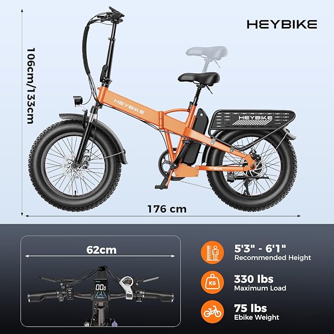 Heybike Mars 2.0/3.0 Foldable Electric Bike, UL2849 Certified, 70+Miles Long Range, 1400W/1800W Peak Motor 32MPH, 624WH Removable Battery, 20"*4 Fat Tire Ebike for Snow, Commute, Full Suspension
