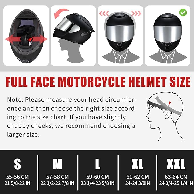 Full Face Motorcycle Helmet,Helmets for Adults Motorcycle, MG611 Motorbike Racing Street Bike Helmets with Black Visor for Men Women,DOT Approved (Matte Black-Sliver+ Mask, XL)
