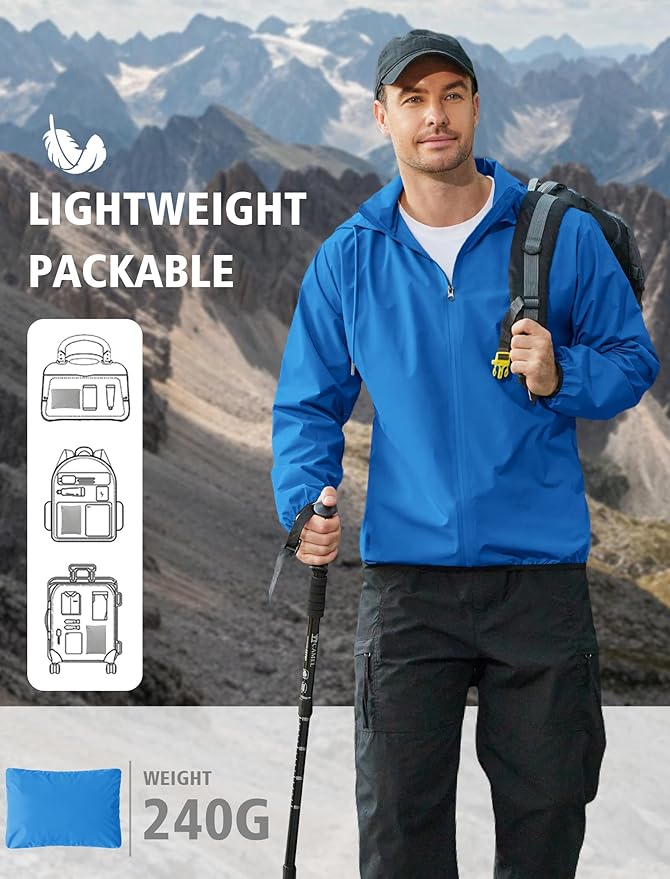 COOFANDY Men's Light Rain Jacket with Hood Packable Waterproof Raincoat Golf Rain Gear Travel Hiking Windbreaker