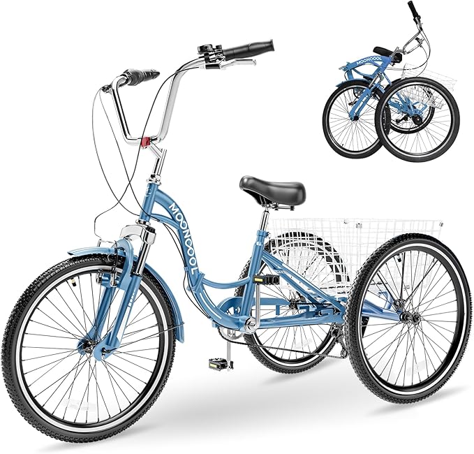 NAIZEA Folding Adult Tricycle - 7 Speed 20/24/26 Inch Folding Tricycle for Adult, 3 Wheel Bike, Foldable Trike with Large Basket/Low-Step Through for Men Women Senior