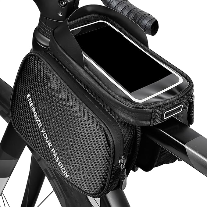 Portable Bag Bike, Waterproof Touchscreen Phone Holder, 8 Inches Road Bike Top Tube Pouch with Zipper, Polyester Cycling Storage with Reflective Strips, Electric Scooter Gear Organizer Easy Access