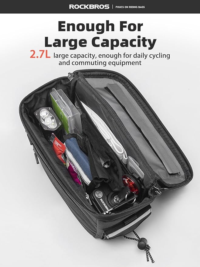 ROCKBROS Bike Handlebar Bag, 3L Waterproof Electric Scooter Bag with TPU Touchscreen, Bicycle Front Storage Pouch Bag, Cycling Accessories for Mountain Bikes, E-Bikes & Folding Bicycles