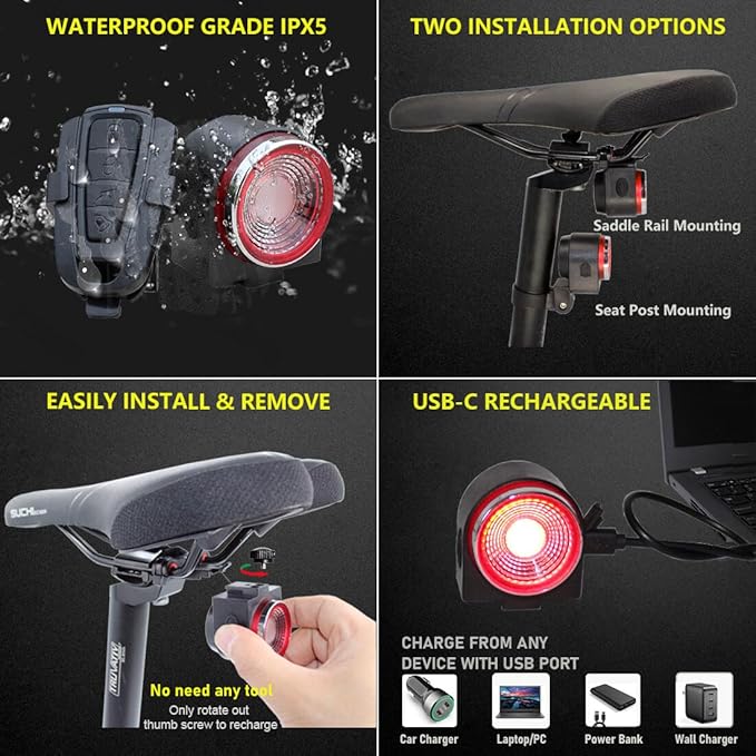 Smart Bike Tail Light: Auto On/Off Rear Bicycle Flashlight Ultra Bright Back Brake Light High Lumen Daytime Strobe USB Rechargeable Safety Red Led Taillight Waterproof Road Cycling Lights
