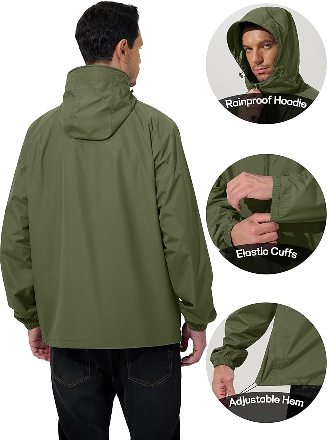 Men's Rain Jacket Windbreaker Waterproof Jacket Raincoat Cycling Running Hiking Gear Hood Lightweight Packable