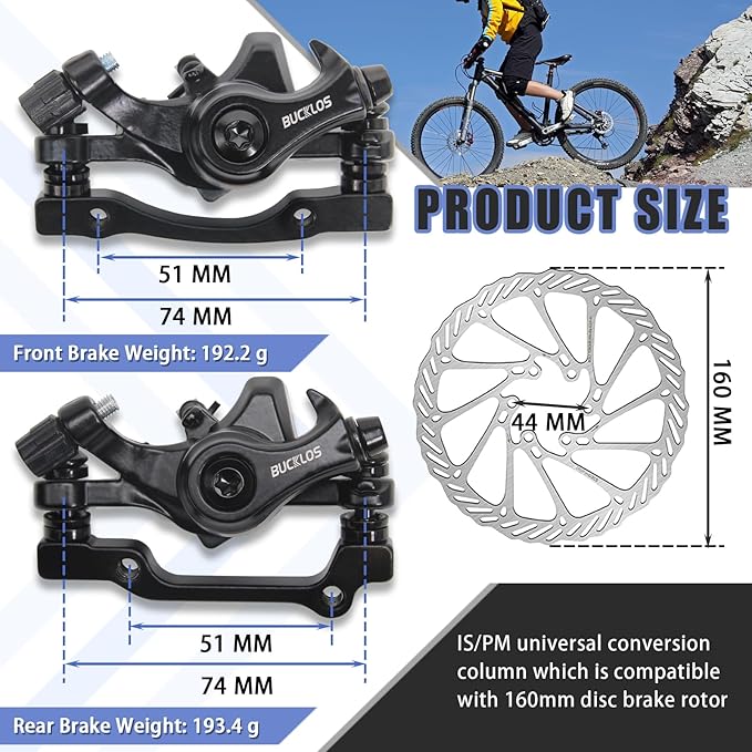 BUCKLOS Mountain Bike Disc Brake kit, MTB Mechanical Line Pulling Disc Brakes Caliper with Aluminum Alloy Levers /160mm Rotor,/is/PM Universal Adapter for Ebike/Folding Bike/Scooter/Fat Bike