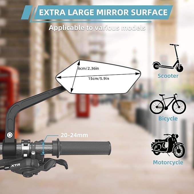 Bicycle Mirror | Bike Mirror Handlebar Mount | 360° Adjustable Scratch Resistant Glass Lens | Bike Universal Fit Accessories