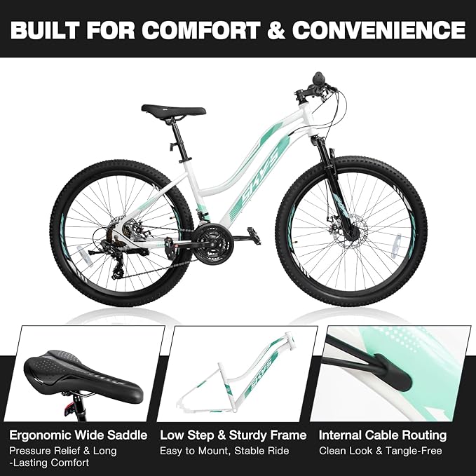 Convend 24/26/27.5" Mountain Bike for Adults, 21-Speed Twist Shifters, Lockout Suspension Fork, Dual Disc Brakes, High-Carbon Steel Frame, All-Terrain Tires, 85% Pre-Assembled