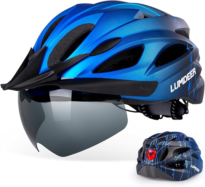 Adult Bike Helmet for Commuting and Cycling, Bicycle Helmet with Rechargeable Rear LED Light & Magnetic Goggles & Removable Sun Visor, Mountain and Road Bicycle Helmets for Men and Women 3 in 1