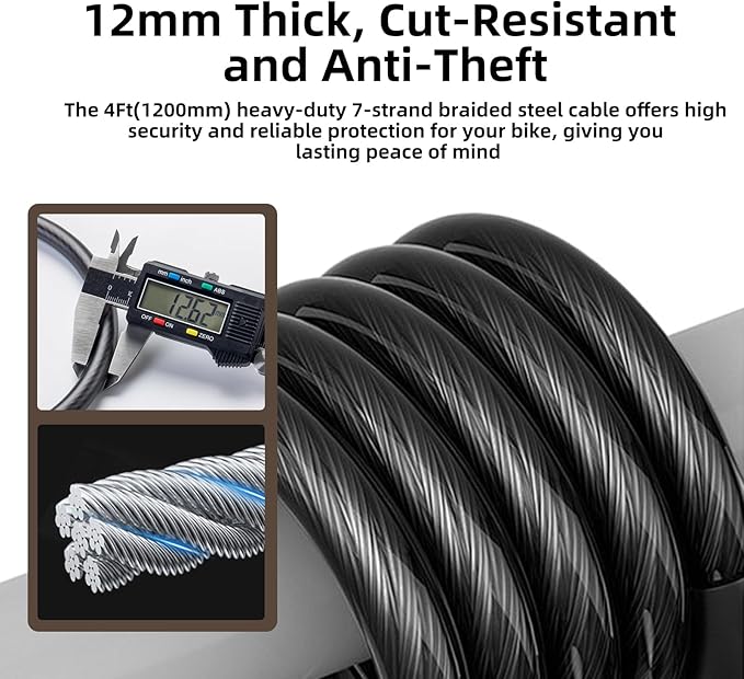 Venzio 4FT Bike Cable Lock, 12mm (1/2 inch) Self-Coiling Steel Cable with 5-Digit Combination Lock, Mounting Bracket, Heavy Duty Anti-Theft Design for Bicycle, Scooter, E-Bike, Fence, Outdoor Use