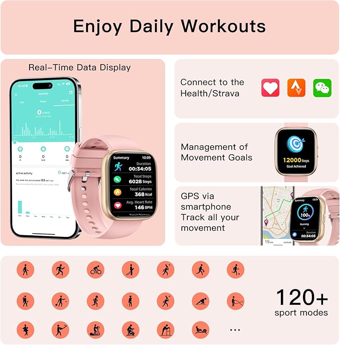 Smart Watches for Women Men Answer/Make Call, 1.85" Fitness Watch with 120+ Sports Modes, Heart Rate/Blood Oxygen/Activity Tracker, Pedometer, IP68 SmartWatch for iPhone Android Samsung (Pink, 1.85“)