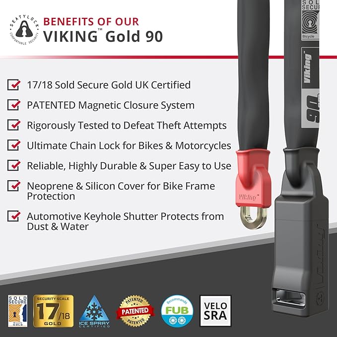 Seatylock Viking Bike Chain Lock with Key - Magnetic Patented Sold Secure Rated - Heavy Duty Anti Theft - Smart Ultra Security Bicycle Lock (35.41 Inch, Gold Rated)