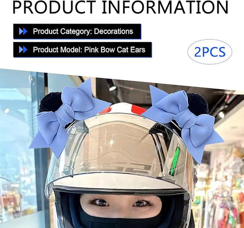 2 PCS Bow Ears Motorcycle Helmet Decor, Cute Cartoon Cat Ears Helmet Decoration, Removable Self Adhesive Motorcbike Bow Accessories, Universal for Most Ski, Bike & Motorcycle (Blue)