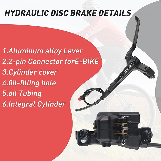 E830-Pro 2-Pin Power-off Connector 2-Pistons E-Bike Electric Power-Off Hydraulic Front/Rear/Set Brake with 160mm 6 bolts Disc Rotor, Hydraulic Disc Brake Caliper Lever for e-Bike, Fat Bike