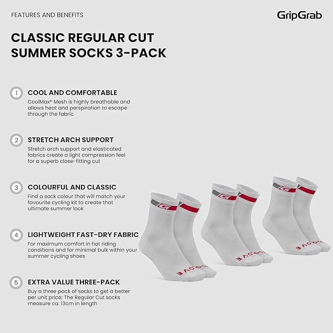 GripGrab Classic Regular Cut Summer Cycling Socks Single & Multipack Coolmax Bicycle Socks for Spinning Indoor Biking