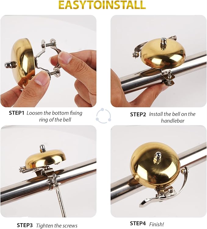 Brass Bike Bell, Bicycle Bell for Adult Bikes, Loud & Clear Sound Bicycle Bell for Adults & Kids Classic Design, Easy Installation Fits Mountain, Road, Folding Bikes and Scooters