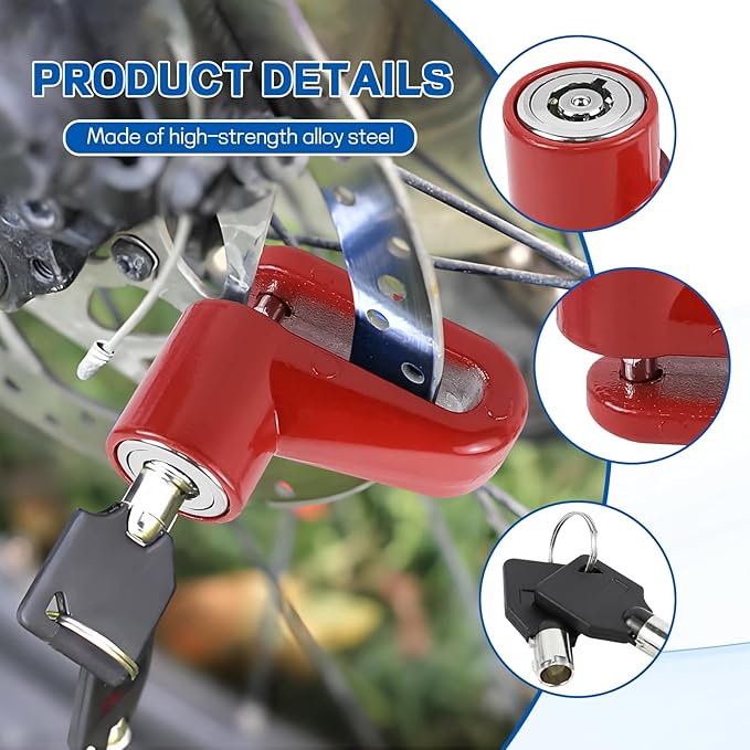 Motorcycle Disc Brake Lock, Anti-Theft Motorbike Security Wheel Disc Brake Lock with Two Keys, Safety Wheel Disk Locks for Scooter Mountain Road Bike Bicycle Powersports (Red)