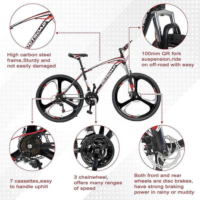 Outroad 26 Inch Mountain Bike, 7/21-Speed/High-Carbon Steel/Aviation Grade Frame, Dual Disc/V Brake, Adjustable Ergonomic Seat Bicycle for Men Women Adult, Quick Assembly in 20 Minutes