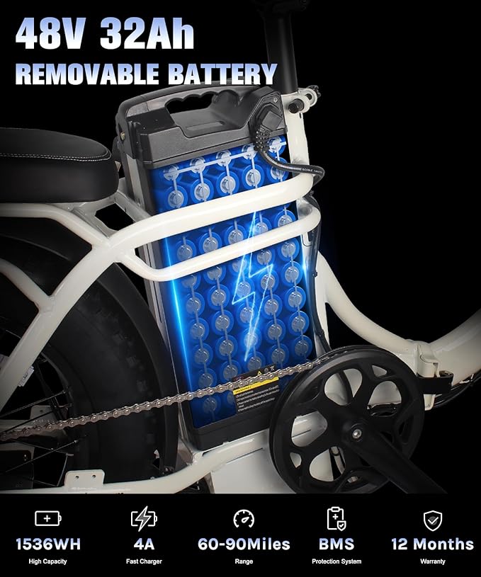 Wildeway Folding Electric Bike for Adults with 750W Motor 32Ah Battery Long Range FW11 Ebike 20 * 3.0 Fat Tire Foldable Adults Electric Bicycle for Men Women City Commuter Delivery 2 Seat