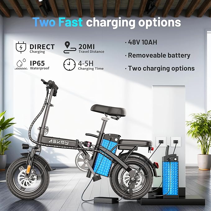 Foldable Electric Bike for Teens and Adults, 14 inch Mini E-Bike with 500W Peak Motor, 48V Removable Battery, Commute Electric Bicycle with 18MPH and 30-35 Miles PAS Range