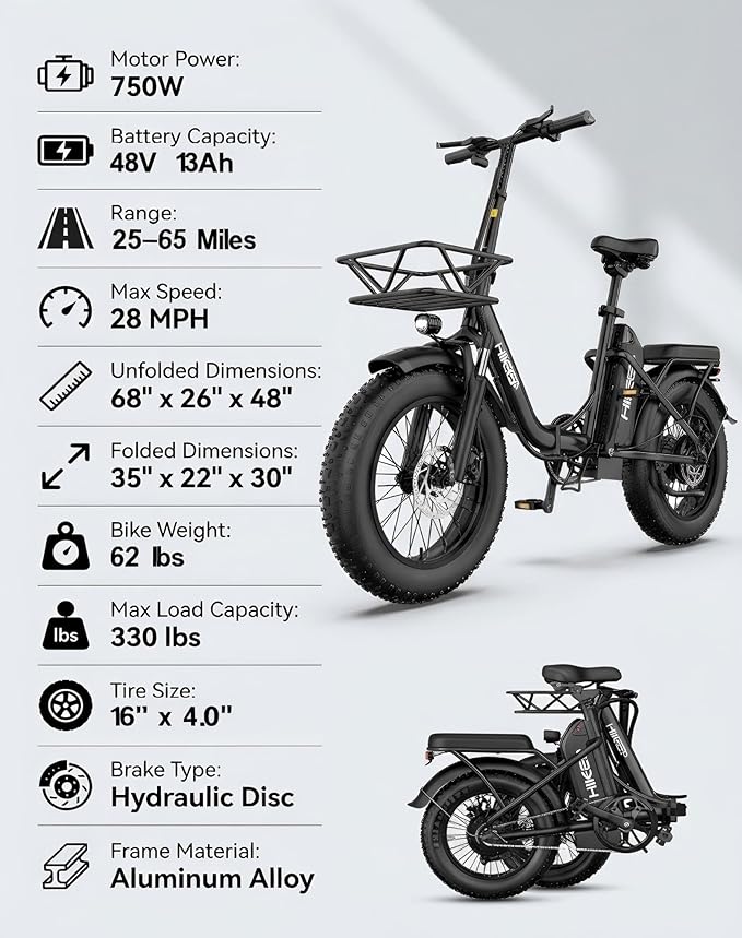 Folding Electric Bicycle for Adults - 750W High Power Motor, 16"/20" Fat Tire E-Bike, Long Range 48V 13AH/25Ah Battery, LCD Screen, Disc Brakes, Adjustable Seat & Handlebar