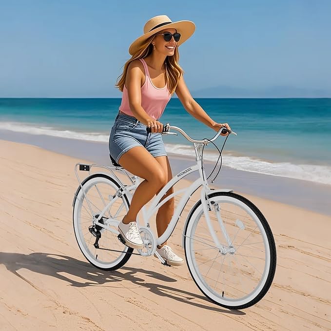 MOPHOTO 24" 26" Adult Bike 7-Speed Beach Cruiser Bike for Adults, Rear Rack, Fenders, Step-Through or Classic Frame